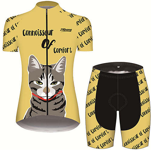 

21Grams Women's Short Sleeve Cycling Jersey with Shorts Spandex Polyester Black / Yellow Cat Animal Bike Clothing Suit Breathable 3D Pad Quick Dry Ultraviolet Resistant Sweat-wicking Sports Cat