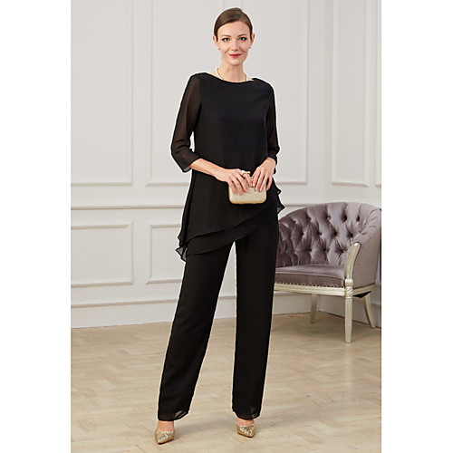 

Pantsuit / Jumpsuit Mother of the Bride Dress Elegant Jewel Neck Floor Length Polyester Half Sleeve with Ruching 2021