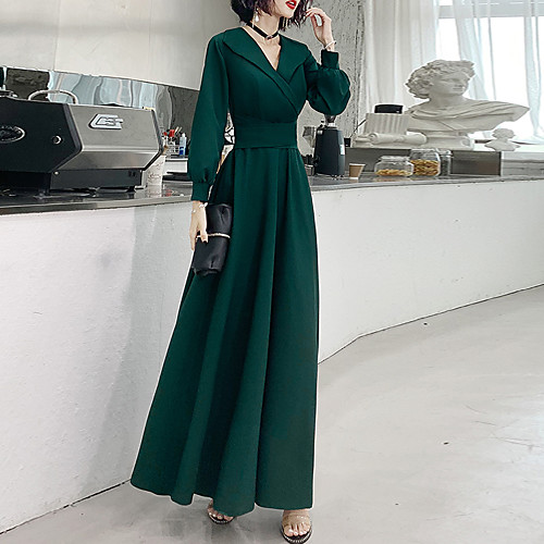 

A-Line Elegant Spring Wedding Guest Formal Evening Dress V Neck Long Sleeve Floor Length Spandex with Bow(s) 2021