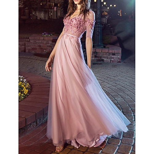 

A-Line Sexy Engagement Prom Dress V Neck Short Sleeve Floor Length Chiffon with Pleats Appliques 2021