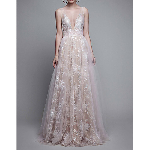 

A-Line White Floral Engagement Prom Dress V Neck Sleeveless Floor Length Lace with Pleats Appliques 2021