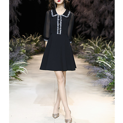 

A-Line Hot Black Homecoming Cocktail Party Dress V Neck 3/4 Length Sleeve Short / Mini Chiffon with Buttons 2020
