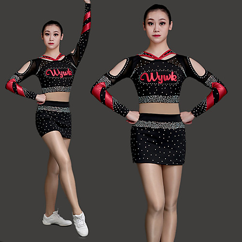 

Cheerleader Costume Uniform Women's Girls' Kids Skirt Spandex High Elasticity Handmade Long Sleeve Competition Dance Rhythmic Gymnastics Gymnastics Black