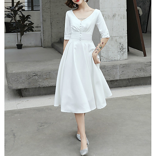 

A-Line Minimalist White Graduation Cocktail Party Dress V Neck Half Sleeve Knee Length Satin with Buttons 2021