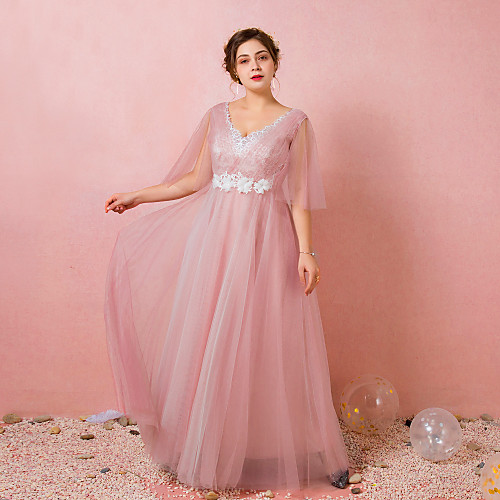 

A-Line Plus Size Prom Formal Evening Dress V Neck Half Sleeve Floor Length Lace Satin Tulle with Pleats Ruched Appliques 2021