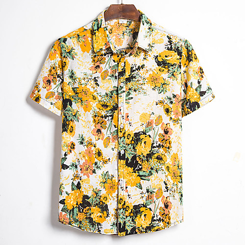 

Men's Floral Tropical Leaf Print Shirt Hawaiian Going out Yellow / Short Sleeve