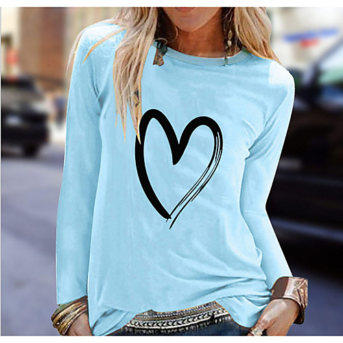

Women's T shirt Heart Solid Colored Printing Long Sleeve Round Neck Tops Basic Top White Black Blue