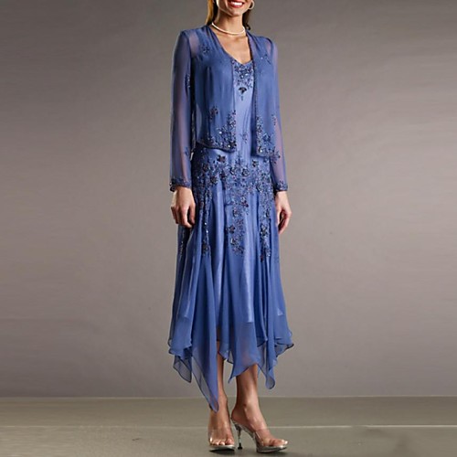 

Sheath / Column Mother of the Bride Dress Elegant V Neck Asymmetrical Tulle Polyester Long Sleeve with Appliques 2021