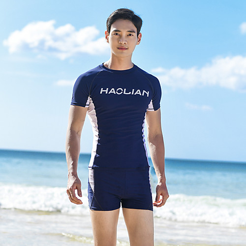 

Men's Two Piece Swimsuit Elastane Swimwear UV Sun Protection Quick Dry Breathable Short Sleeve Front Zip - Swimming Surfing Water Sports Patchwork Summer / High Elasticity