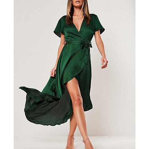 

A-Line Reformation Amante Flirty Holiday Prom Dress V Neck Short Sleeve Asymmetrical Polyester with Sash / Ribbon Split 2021