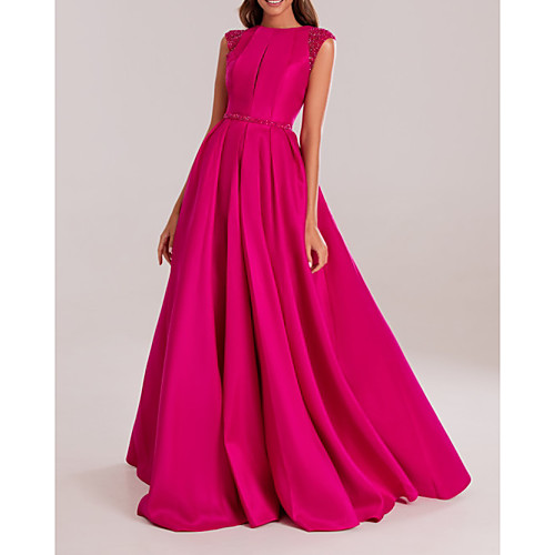 

A-Line Elegant Prom Formal Evening Dress Jewel Neck Sleeveless Floor Length Polyester with Pleats Beading 2021