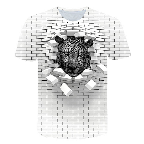 

Men's T shirt Color Block 3D Animal Plus Size Print Short Sleeve Daily Tops Basic Exaggerated White