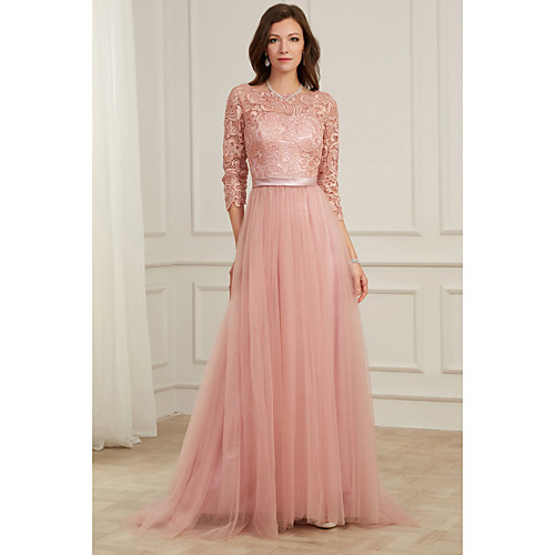 

A-Line Spring Party Wear Formal Evening Dress Jewel Neck Long Sleeve Sweep / Brush Train Lace Tulle with Appliques 2021