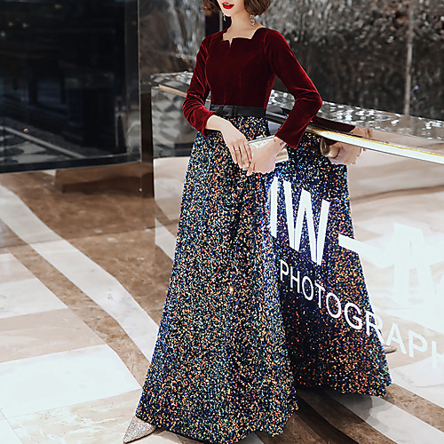 

A-Line Sparkle Prom Formal Evening Dress Scoop Neck Long Sleeve Floor Length Sequined Velvet with Sash / Ribbon Sequin 2021