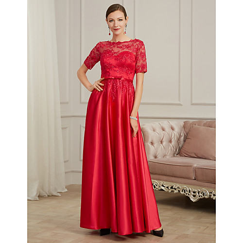 

A-Line Elegant Wedding Guest Formal Evening Dress Jewel Neck Short Sleeve Floor Length Lace Tulle Polyester with Pleats Beading Appliques 2021
