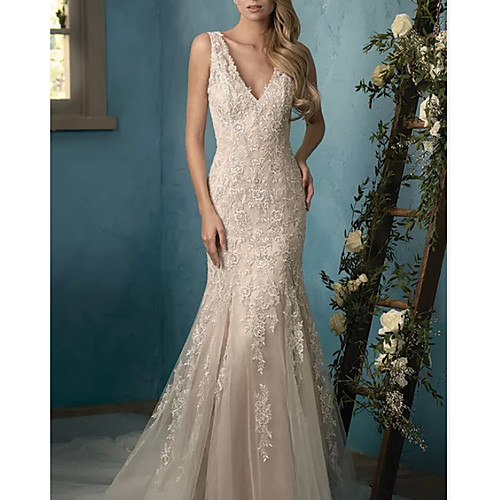 

Mermaid / Trumpet Wedding Dresses V Neck Sweep / Brush Train Lace Tulle Sleeveless Casual Plus Size with Draping Appliques 2021
