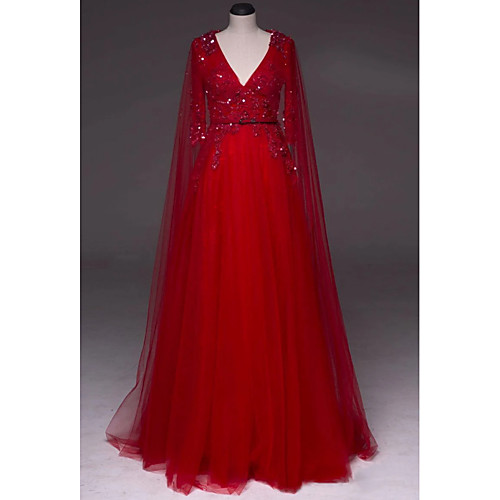

A-Line Luxurious Engagement Formal Evening Dress V Neck Half Sleeve Sweep / Brush Train Tulle with Beading Sequin Draping 2021