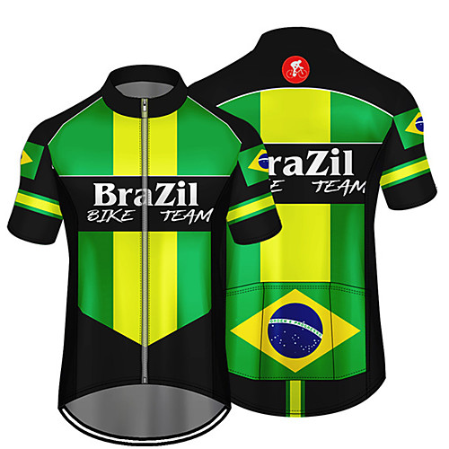 

21Grams Men's Short Sleeve Cycling Jersey Green / Black Brazil National Flag Bike Jersey Top Mountain Bike MTB Road Bike Cycling UV Resistant Breathable Quick Dry Sports Clothing Apparel / Stretchy