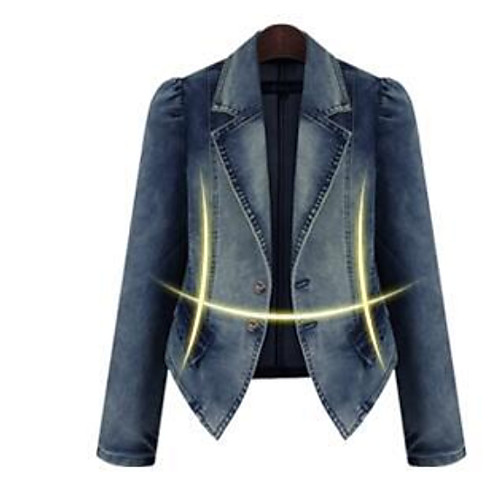 

Women's Solid Colored Peaked Lapel Denim Jacket Regular Daily Long Sleeve Polyester Coat Tops Blue