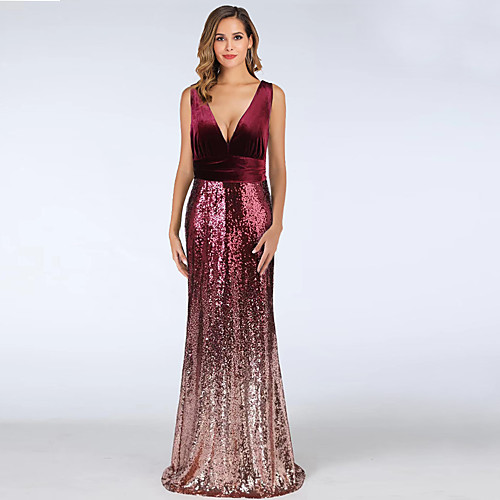 

A-Line Color Block Wedding Guest Formal Evening Dress V Neck Sleeveless Floor Length Velvet with Sequin 2021