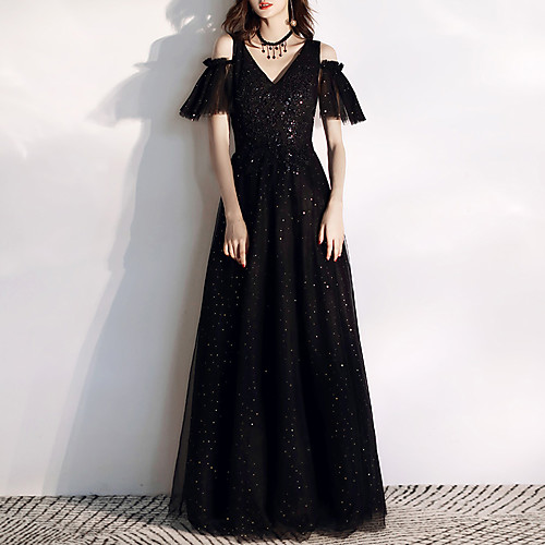 

A-Line Sparkle Engagement Formal Evening Dress V Neck Short Sleeve Floor Length Tulle Sequined with Sequin 2021