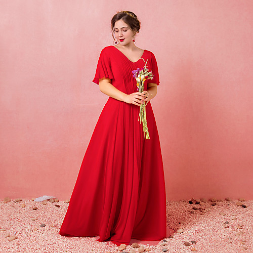 

A-Line Plus Size Engagement Formal Evening Dress V Neck Short Sleeve Floor Length Chiffon Satin with Pleats 2021