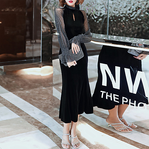 

Mermaid / Trumpet Hot Party Wear Cocktail Party Dress High Neck Long Sleeve Tea Length Spandex with Ruffles 2021