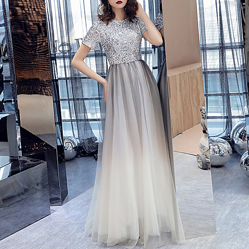 

A-Line Sparkle White Prom Formal Evening Dress Jewel Neck Short Sleeve Floor Length Tulle Sequined with Sequin 2021