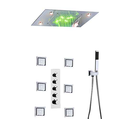 

Thermostatic Shower Faucet Set - Handshower Included LED Rain Shower Contemporary Chrome Wall Mounted Brass Valve Bath Shower Mixer Taps