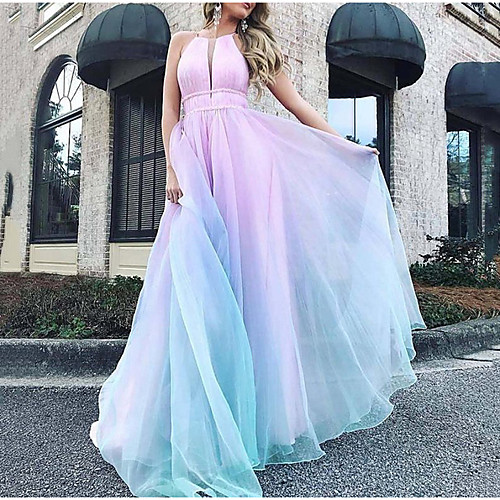 

Women's Maxi Swing Dress - Sleeveless Color Block Halter Neck Light Blue S M L XL