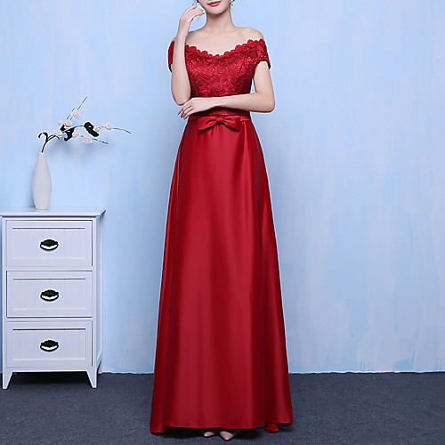 

A-Line Elegant Prom Formal Evening Dress Off Shoulder Short Sleeve Floor Length Spandex with Sash / Ribbon Bow(s) 2021