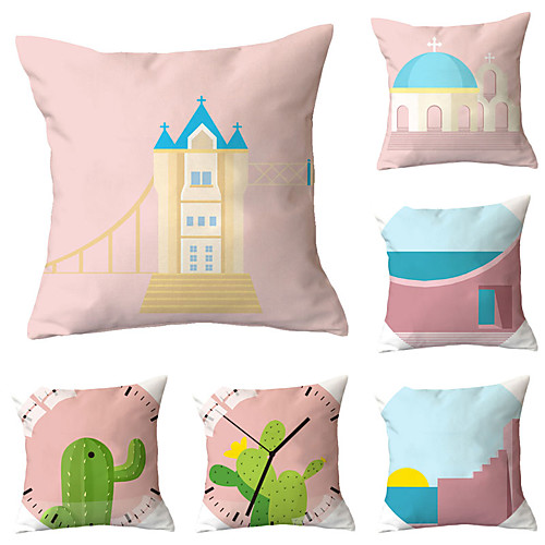 

Set of 6 Polyester Pillow Cover, Floral Print Architecture Simple Modern Square Traditional Classic Throw Pillow