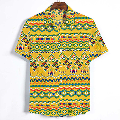 

Men's Shirt Geometric Print Short Sleeve Beach Tops Tropical Yellow Navy Blue