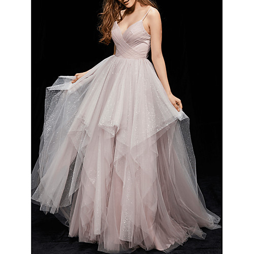 

Ball Gown Elegant Quinceanera Prom Dress V Neck Sleeveless Floor Length Tulle with Ruched Tier 2021