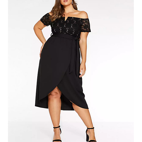 

Sheath / Column Plus Size Party Wear Prom Dress Off Shoulder Short Sleeve Asymmetrical Polyester with Sash / Ribbon 2021