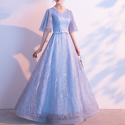 

A-Line Glittering Prom Formal Evening Dress V Neck Half Sleeve Floor Length Lace with Bow(s) Sequin 2021