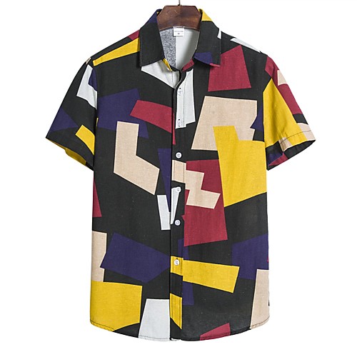 

Men's Graphic Rubik's Cube Print Shirt Hawaiian Going out Black / Blue / Yellow / Short Sleeve