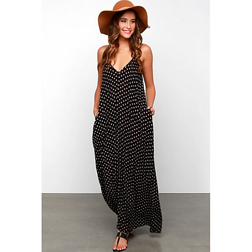 

Women's Maxi Loose Dress - Sleeveless Polka Dot Strap Loose Black S M L XL