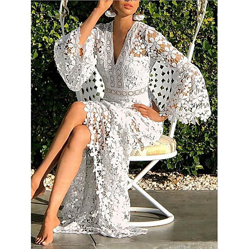 

Women's Sheath Dress Maxi long Dress - Long Sleeve Solid Color V Neck White S M L XL XXL XXXL