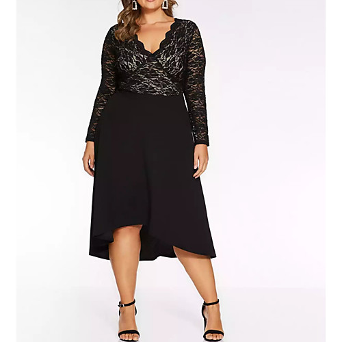

A-Line Plus Size Party Wear Cocktail Party Dress Scalloped Neckline Long Sleeve Knee Length Chiffon Lace with Pleats 2021
