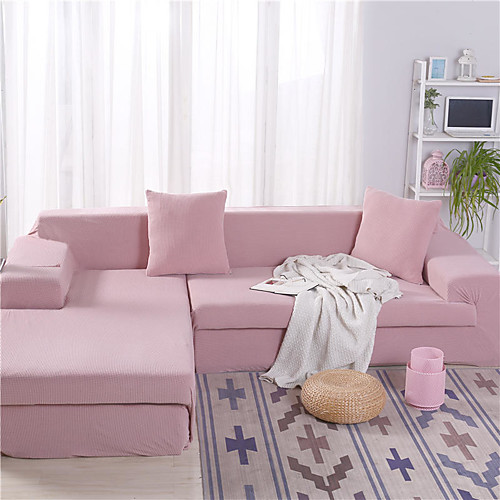 

Basic Solid Plush Dustproof All-powerful Slipcovers Stretch L Shape Sofa Cover Super Soft Fabric Couch Cover with One Free Pillow Case