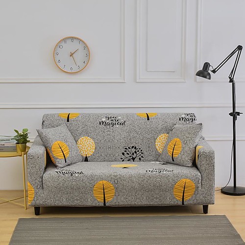 

Grey Leaves Print Dustproof Stretch Slipcovers Stretch Sofa Cover Super Soft Fabric Couch Cover (You will Get 1 Throw Pillow Case as free Gift)