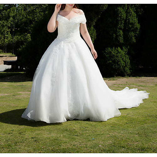

Ball Gown Wedding Dresses Off Shoulder Watteau Train Satin Tulle Lace Over Satin Cap Sleeve Formal Plus Size with Beading Lace Insert Appliques 2021