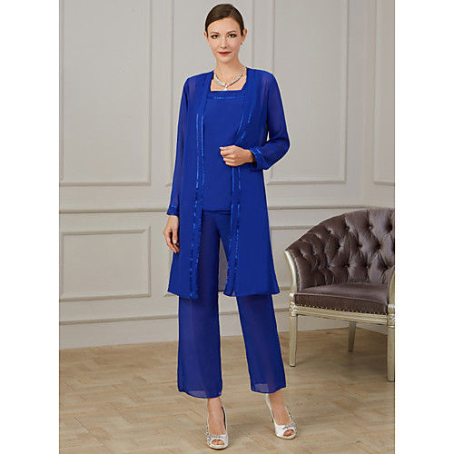 

Pantsuit / Jumpsuit Mother of the Bride Dress Elegant Jewel Neck Floor Length Chiffon Long Sleeve with Beading 2021