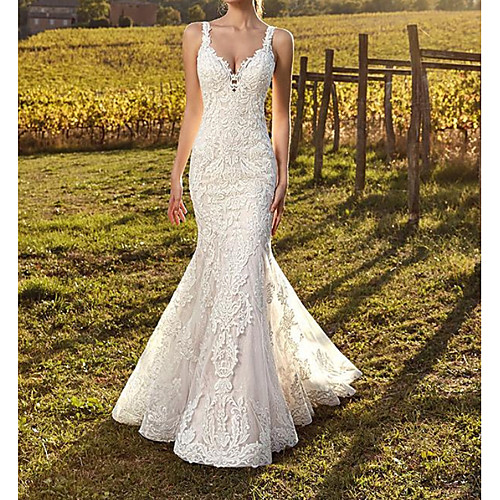 

Mermaid / Trumpet Wedding Dresses Spaghetti Strap Sweep / Brush Train Polyester Sleeveless Country Plus Size with Appliques 2021