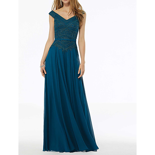 

A-Line Elegant Wedding Guest Formal Evening Dress V Neck Sleeveless Floor Length Chiffon with Pleats Beading 2021