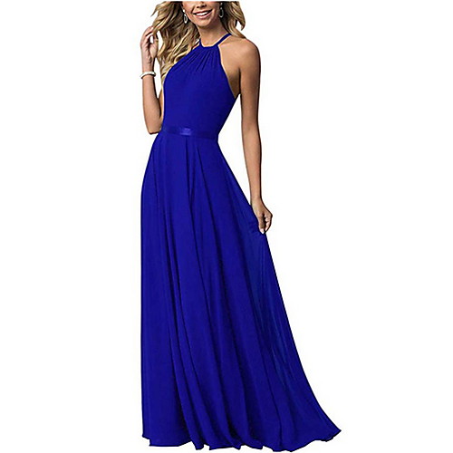 

A-Line Halter Neck Floor Length Chiffon Bridesmaid Dress with Tier