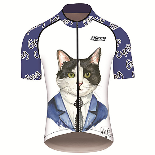 

21Grams Men's Short Sleeve Cycling Jersey Spandex Blue / White Cat Animal Bike Jersey Top Mountain Bike MTB Road Bike Cycling UV Resistant Quick Dry Breathable Sports Clothing Apparel / Stretchy