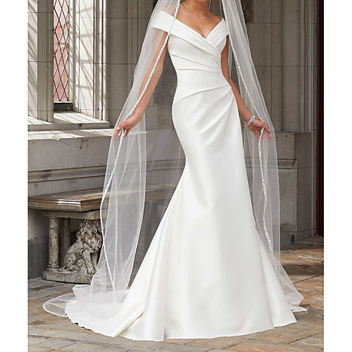 

Mermaid / Trumpet Wedding Dresses Off Shoulder Sweep / Brush Train Polyester Cap Sleeve Country Plus Size with Ruched Draping 2021