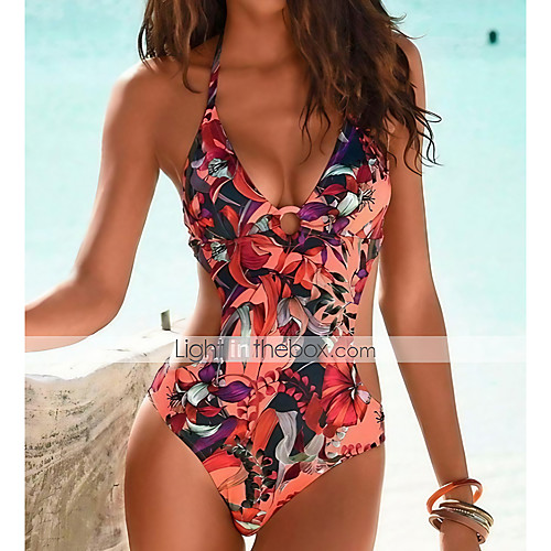 

Women's Bikini Swimsuit Cut Out Slim Floral Red Swimwear Bathing Suits